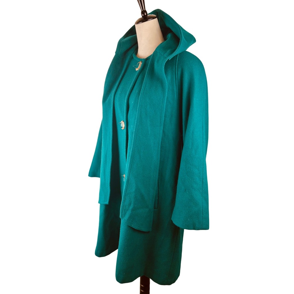 Vintage Jofeld Hooded Wool Blend Swing Coat-Teal/Emerald Green Size Medium USA